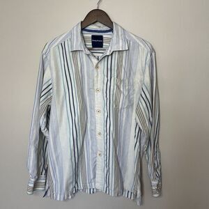 Tommy Bahama Texture Stripe Men's Shirt Button LARGE Silk Cotton Long Sleeve